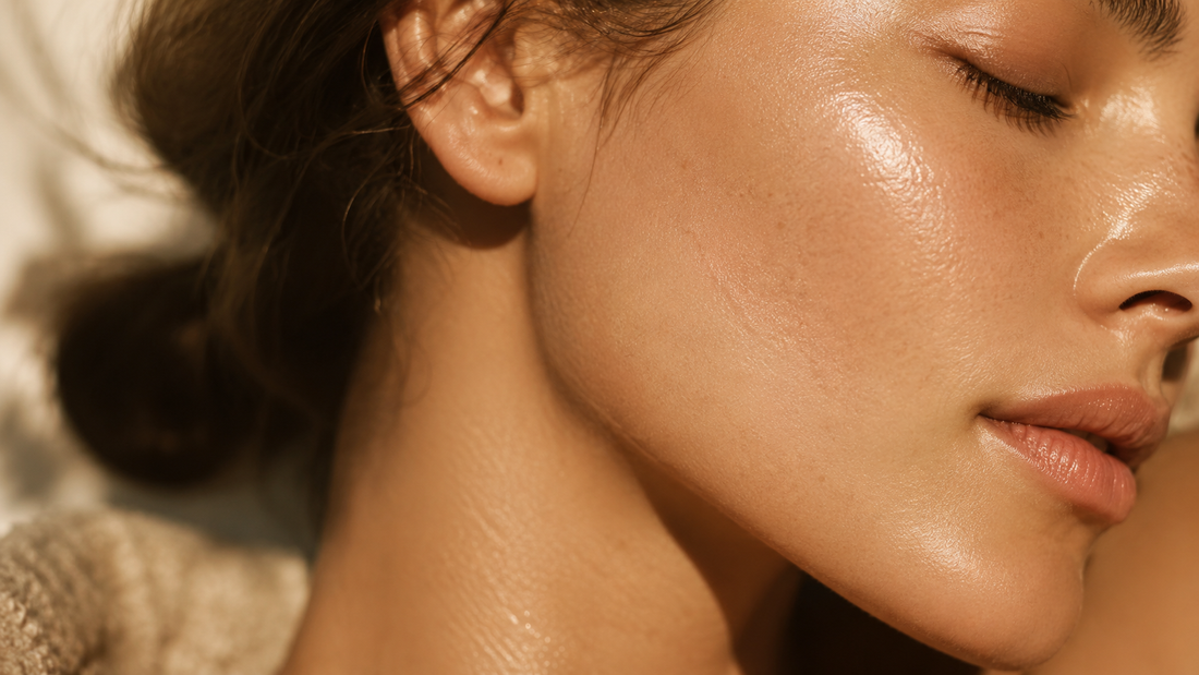 Close-up of radiant, healthy-looking skin in warm natural light