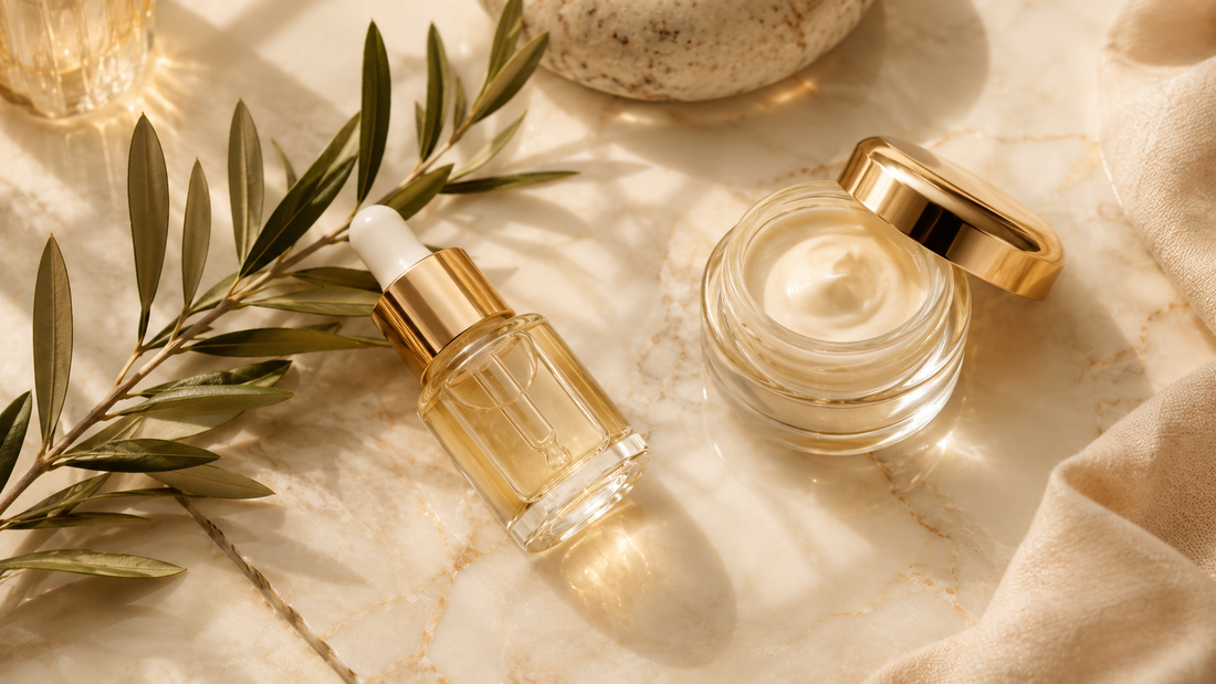Minimalist anti-aging skincare products on a warm marble surface