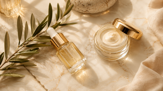 Minimalist anti-aging skincare products on a warm marble surface
