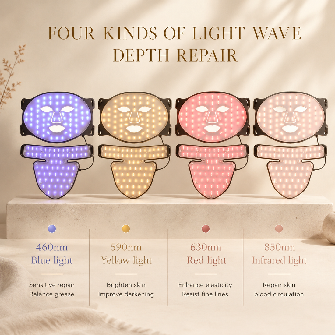 Elunavie LED face mask displaying red, blue and yellow light therapy colors