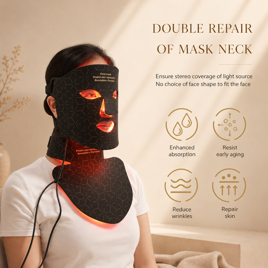 Woman using red light therapy on her face and neck with the Elunavie Pro LED mask