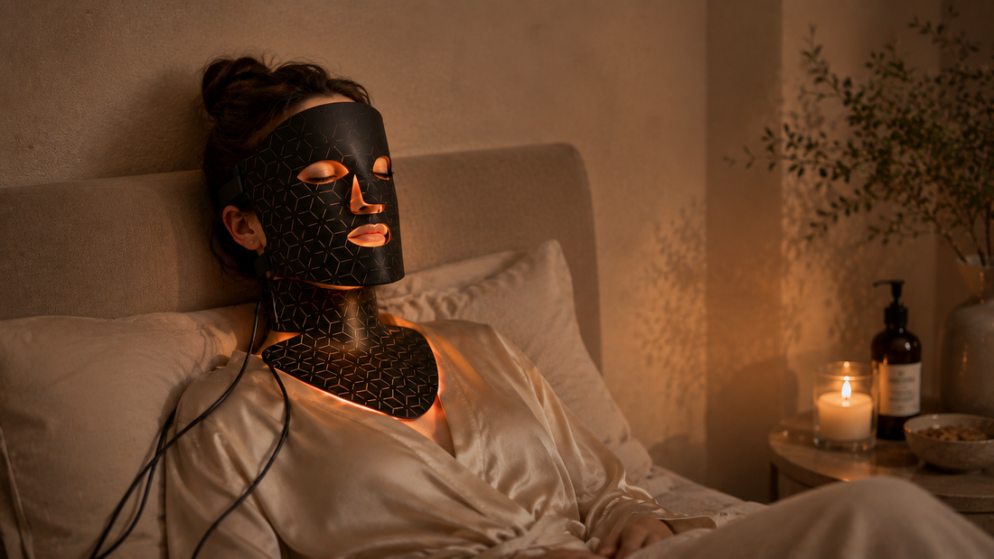 Woman relaxing while wearing an Elunavie LED light therapy face mask at home