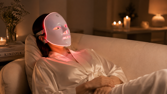 Woman relaxing while wearing an Elunavie LED light therapy face mask at home