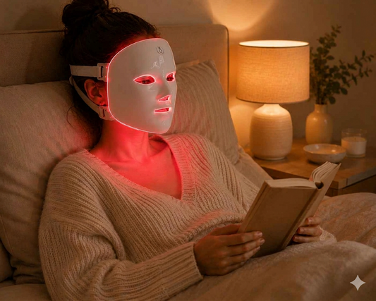 Woman placing an Elunavie LED face mask on clean skin as part of her routine