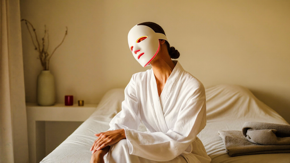 Woman in an ivory robe sits on a bed wearing the white Elunavie LED face mask, its eye and mouth openings glowing red