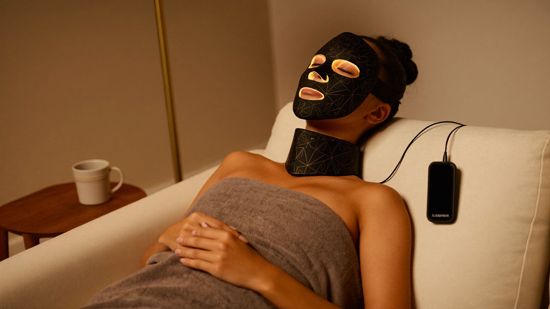 Woman relaxes on a sofa wearing the black silicone Elunavie Pro LED mask and neck piece, connected to a handheld controller